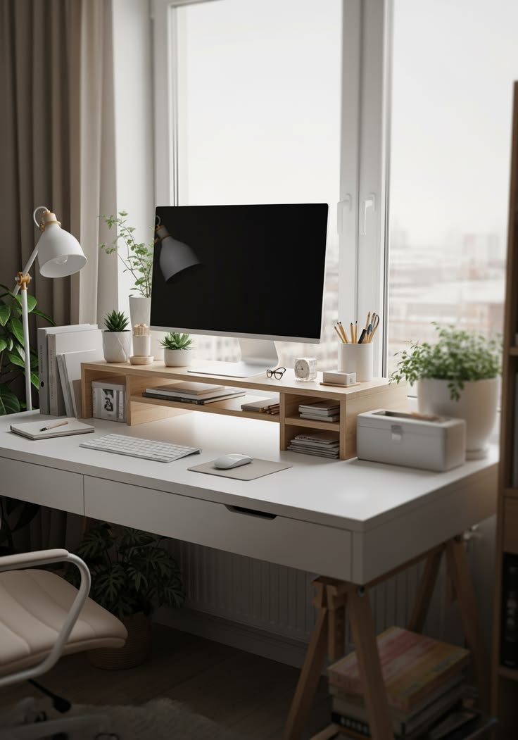 Tidy home office desk with a laptop riser, an adjustable chair, and a small plant near a window